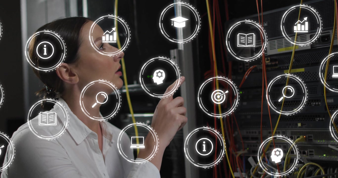 IT specialist inspecting server rack, activating virtual UI and tapping icons for network setup