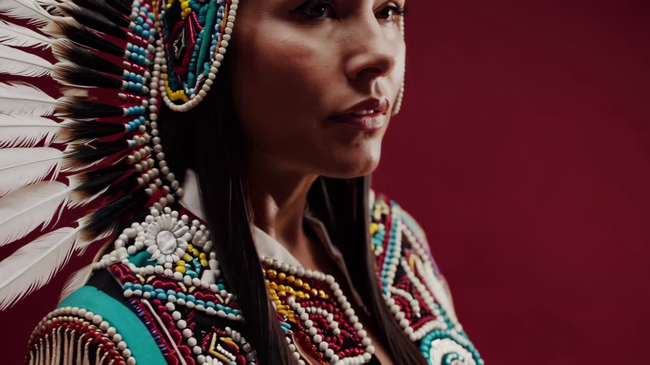 Portrait of an Indigenous Woman in Traditional Attire and Headdress