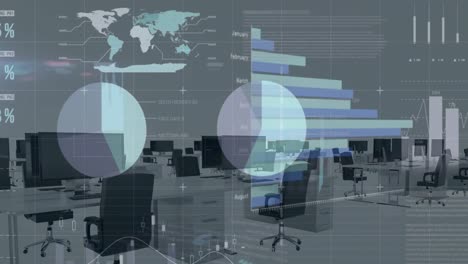 animation of financial data processing over office desks with computers