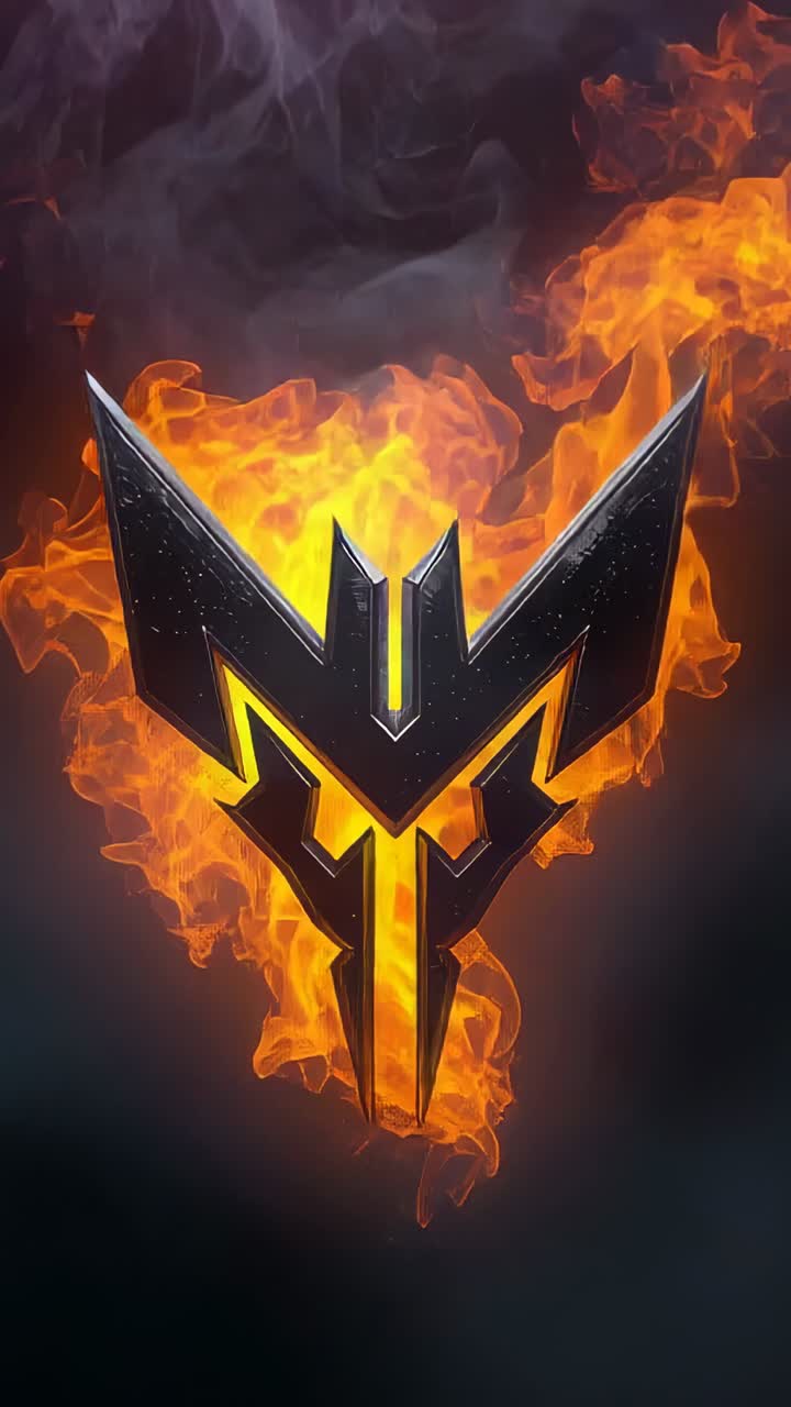 Vertical video: Erupting flames enveloping black metal emblem in digital void, with smoke swirling