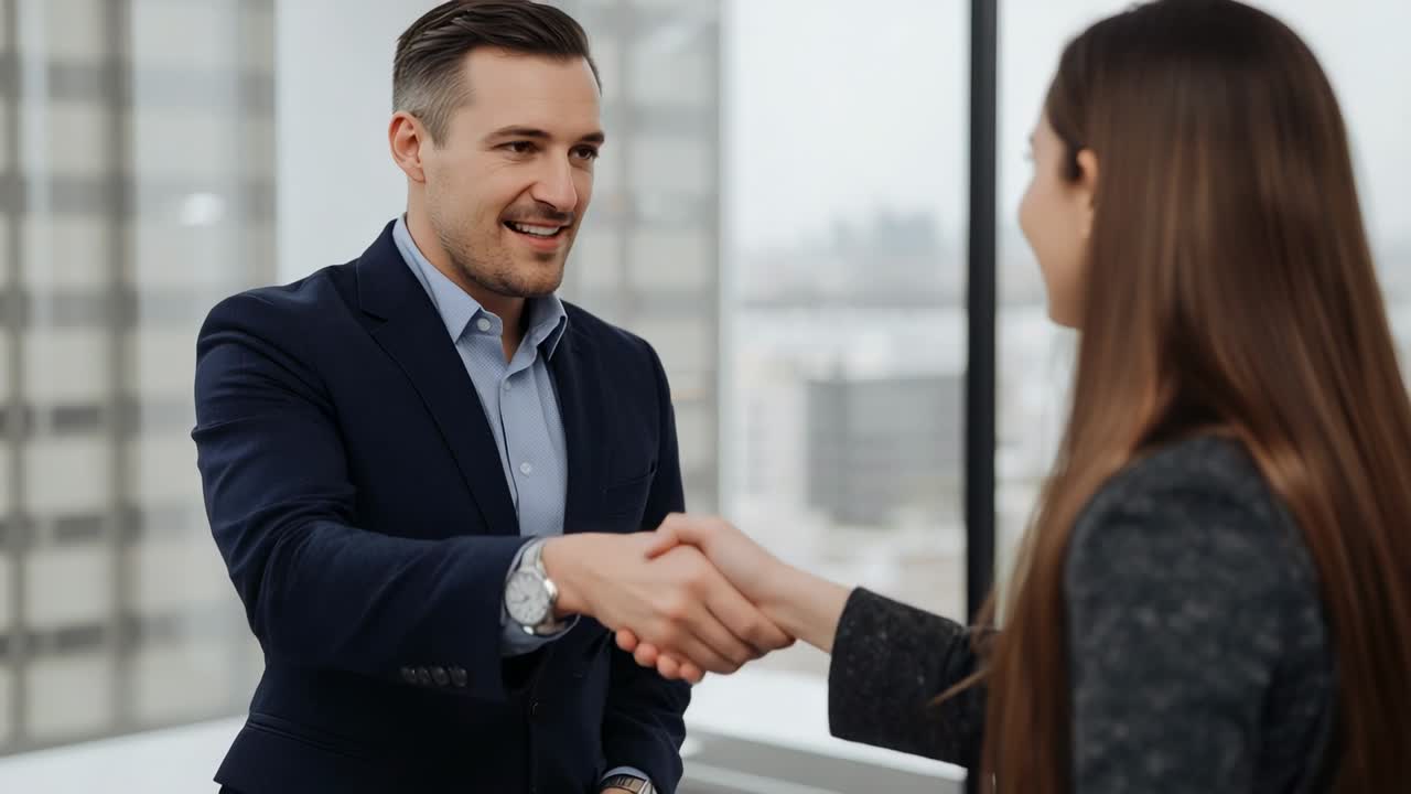 Stepping forward to greet, professionals exchanging handshake in meeting area with glass windows