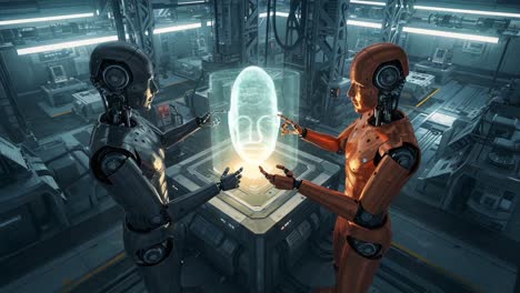 exploring the boundaries of artificial intelligence: two robots engage in a dynamic interaction with a holographic display representing neural networks