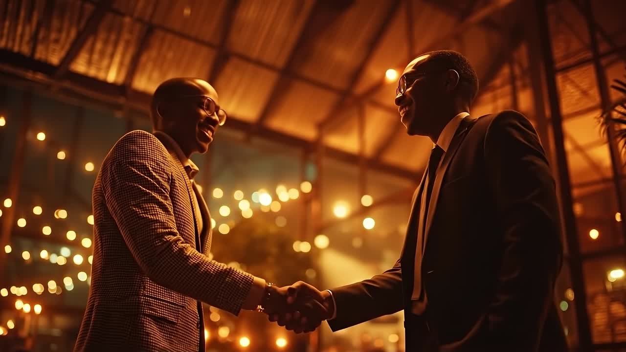 Two men shaking hands in front of a building at night