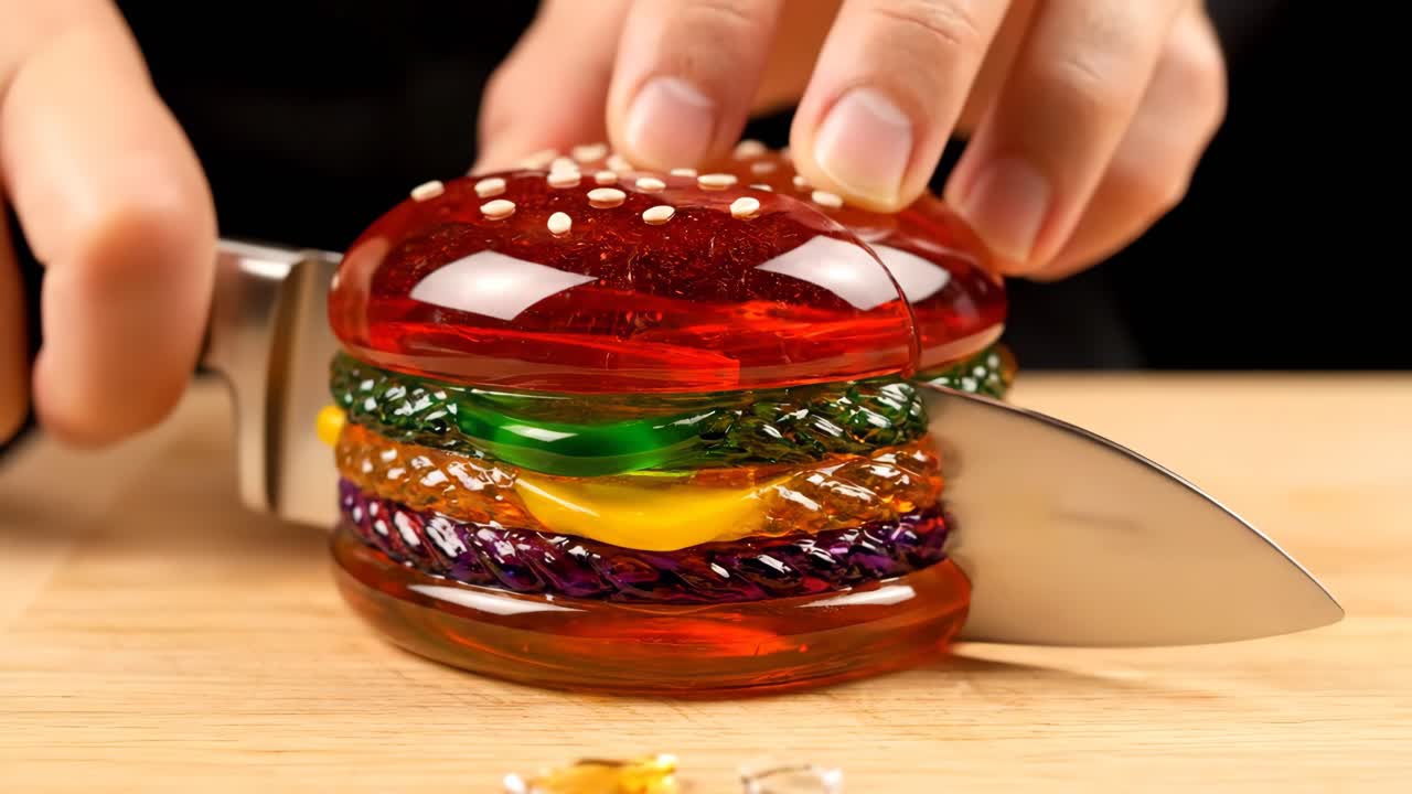 Jelly Burger being cut with a knife