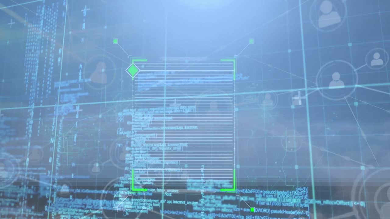 Animation of scope scanning over network of profile icons and data processing against blue sky