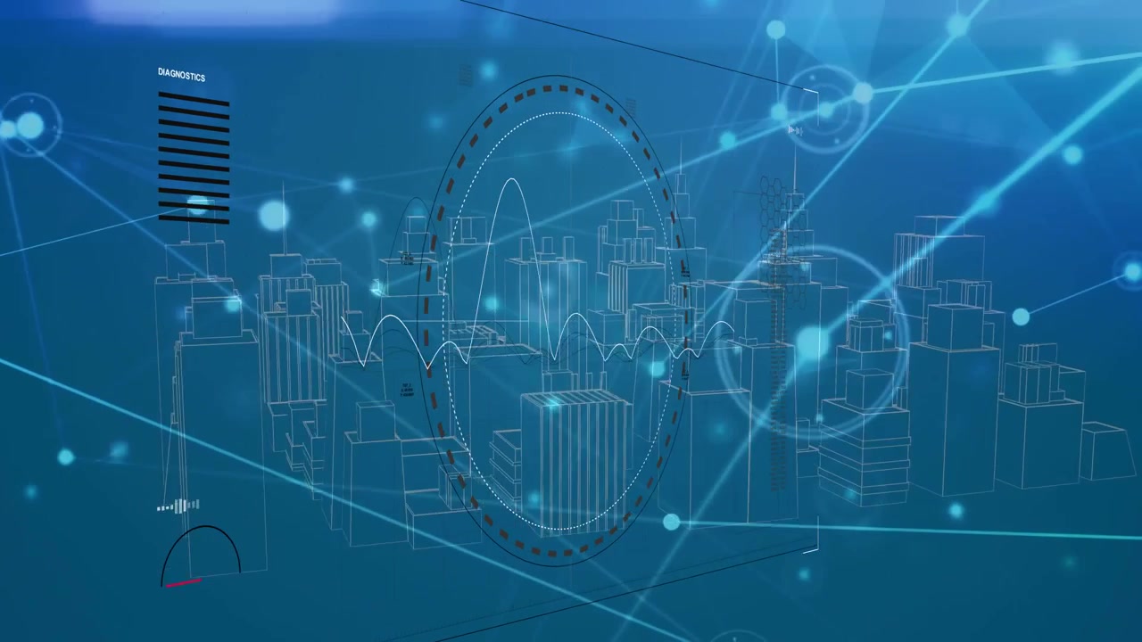 Netzwerk-Scan startet, Wireframe-Stadt-HUD erweitert sich, während Wellenform oszilliert und Datenfluss zeigt