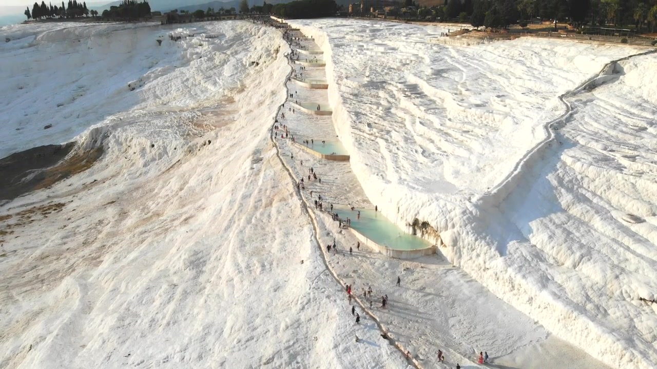 Aerial View of Tourists Visiting Pamukkale Travertine Terraces in Turkey