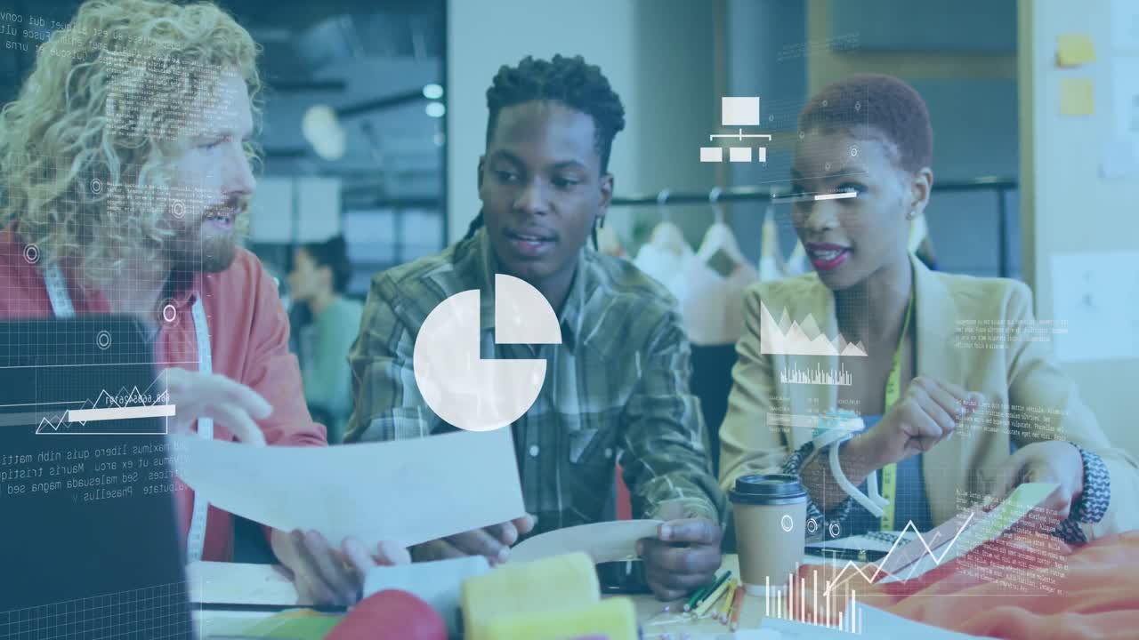Animation of statistical data processing against diverse colleagues discussing together at office