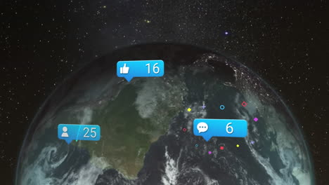 animación de iconos y números cambiantes en iconos de mensajes sobre el globo contra el espacio