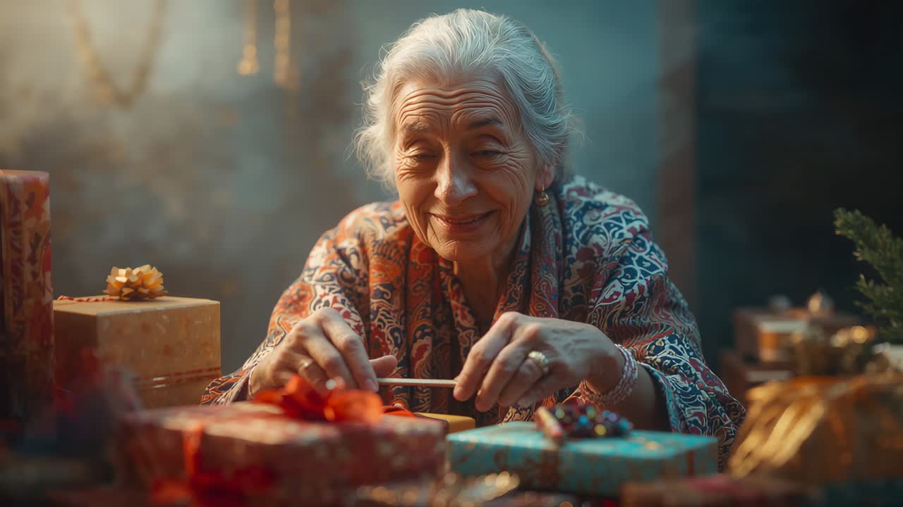 Donna anziana con scialle che lega un fiocco di nastro rosso su una scatola a casa, completando un regalo per le feste
