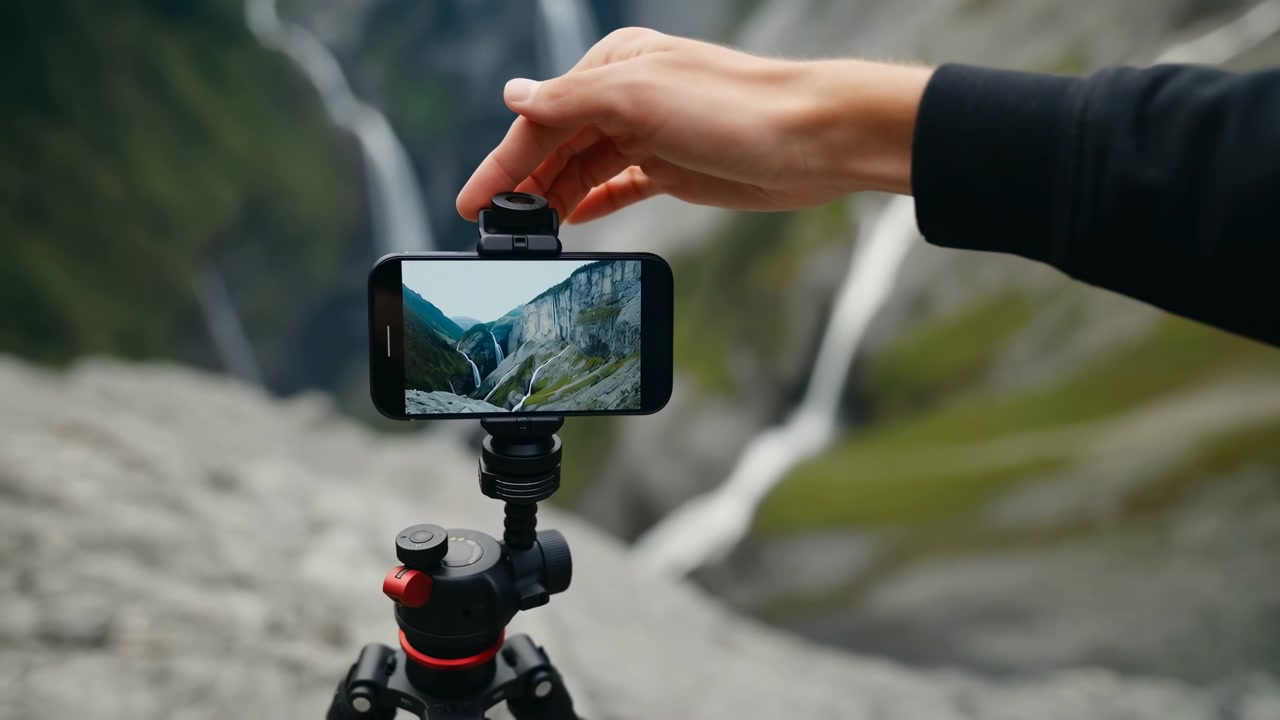 Close-up outdoor scene of a hand adjusting a smartphone mounted horizontally on a small tripod, with a blurred rocky canyon and waterway in the background