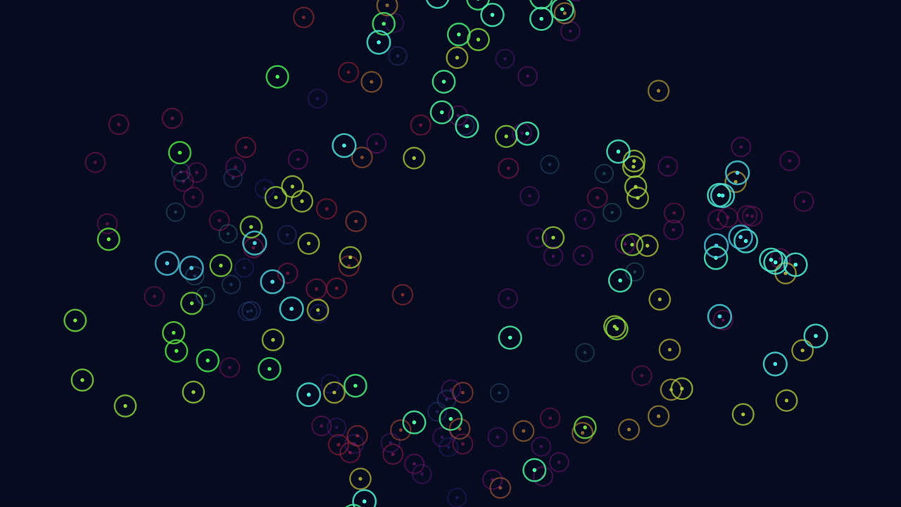 Vivid shades of blue, purple, and pink circles form a dynamic circular pattern on a black backdrop, creating a vibrant and fluid sense of motion and unity