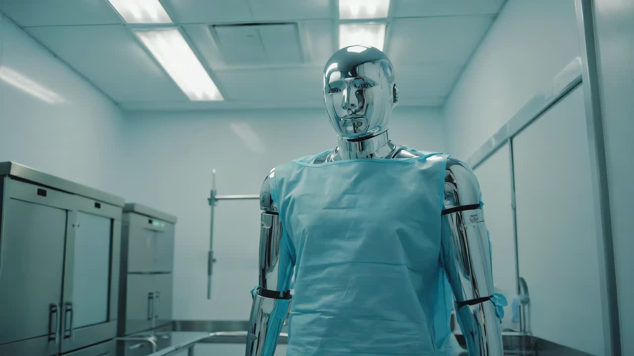 A metallic robot wearing a blue medical gown in a sterile environment