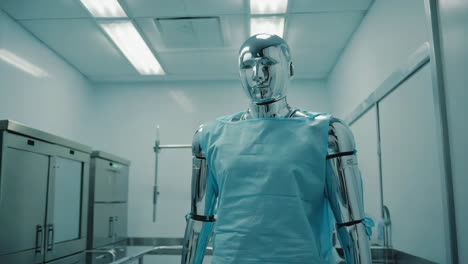 a metallic robot wearing a blue medical gown in a sterile environment