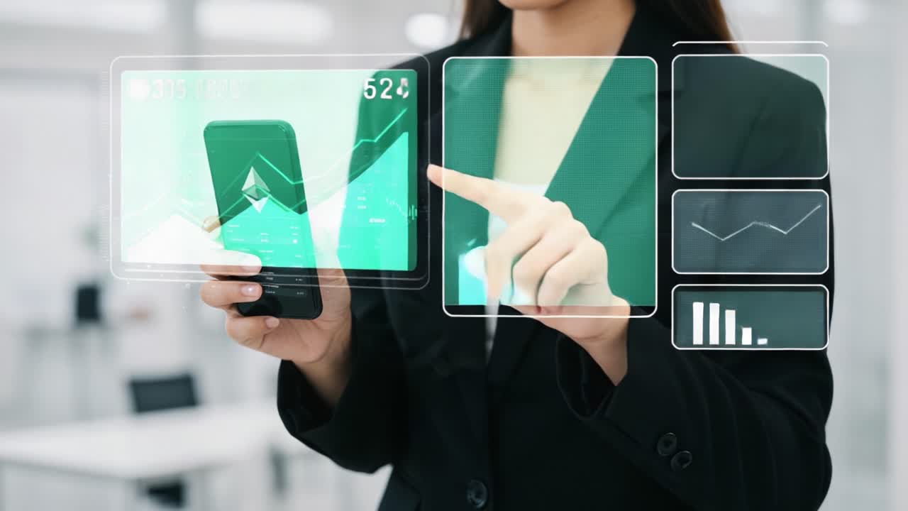 A Professional Individual Analyzing Cryptocurrency Trends on a Smartphone in a Modern Workspace, Focusing on Ethereum and Financial Data Visualization