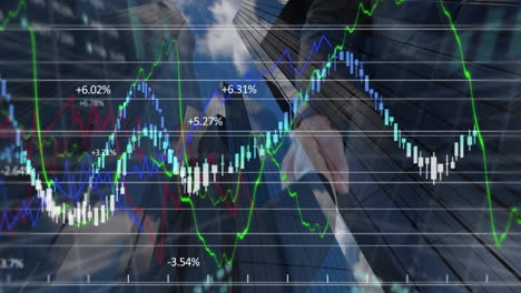 datos de finanzas digitales y el apretón de mano de los negocios globales contra cityscape.