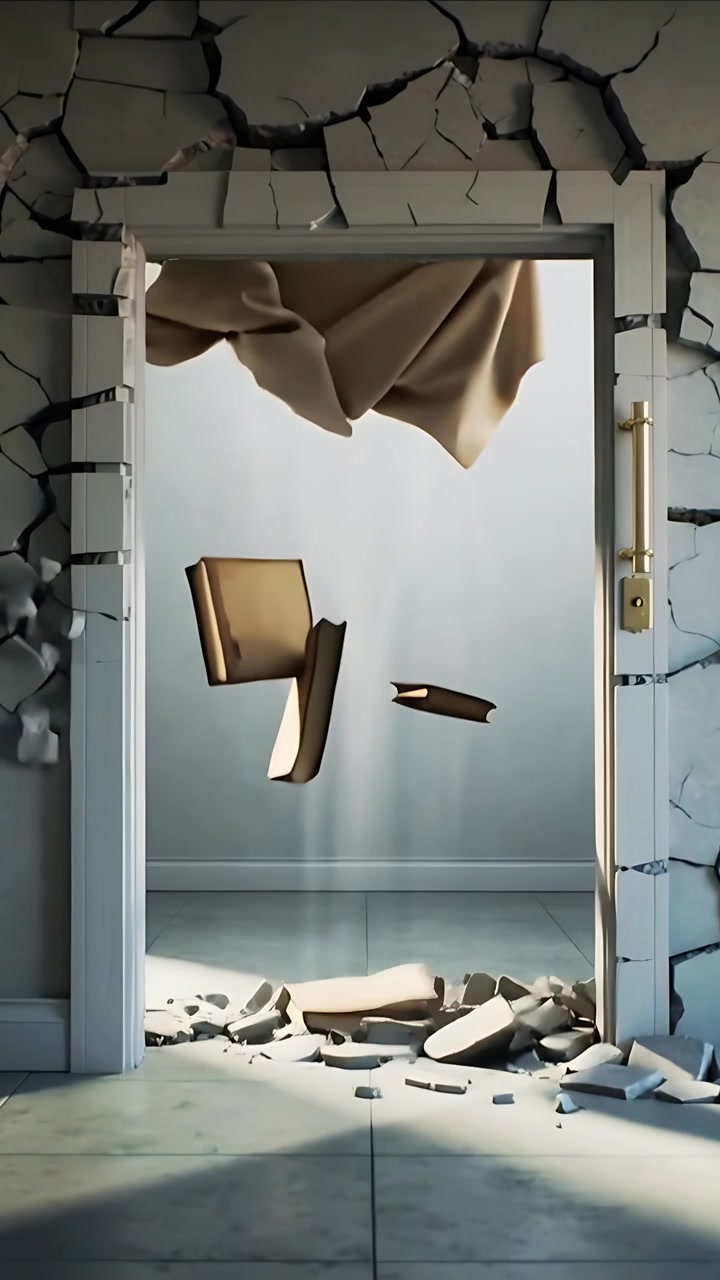 Vertical video: Crumbling lower panel letting books and cloth drift into lit room showing rubble