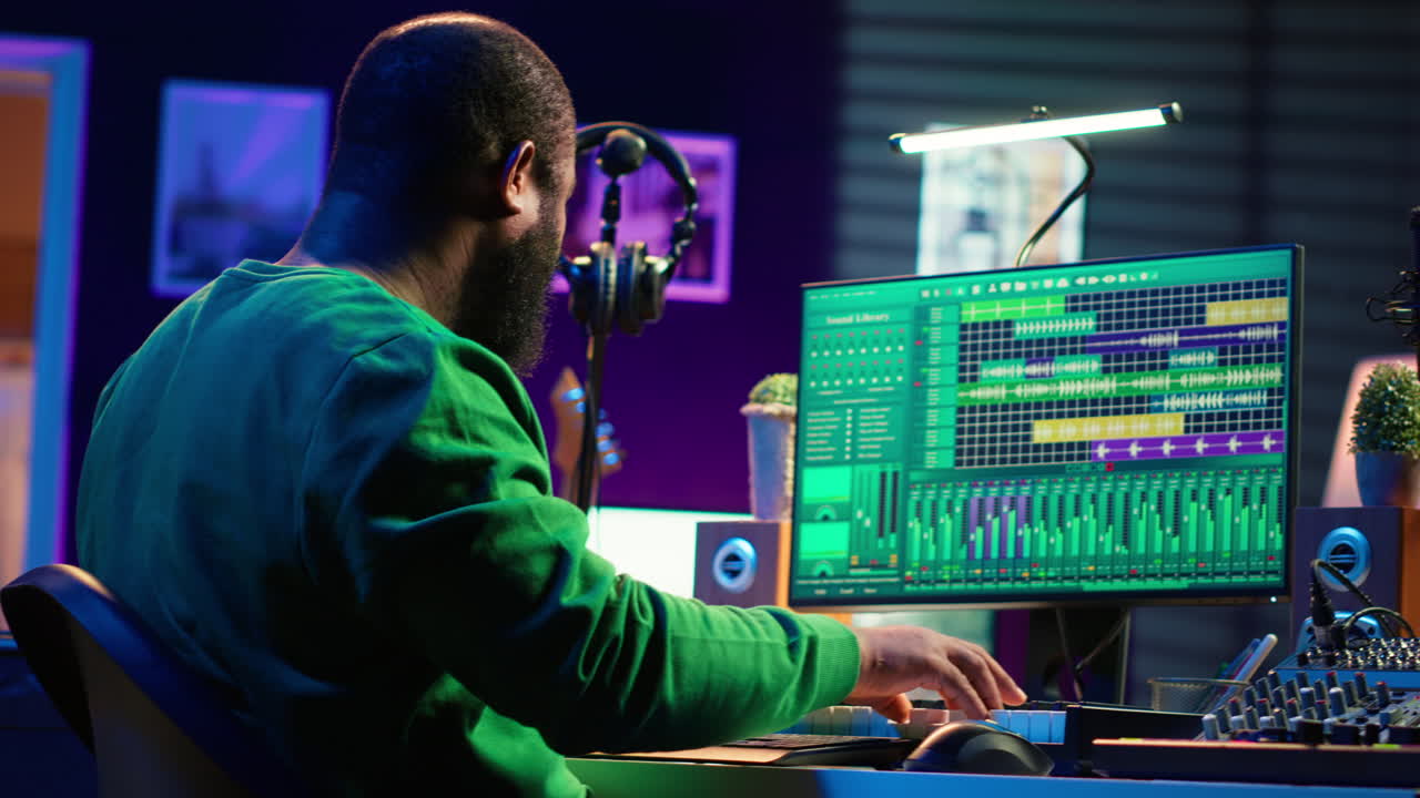 productor componiendo una nueva canción con equipo electrónico en su estudio de casa