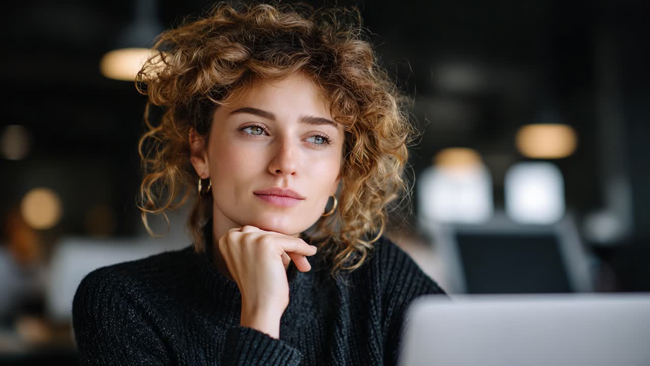 Contemplative Moments: A Young Woman with Curly Hair Deep in Thought in a Modern Workspace, Reflecting on Creativity and Focus at Her Laptop