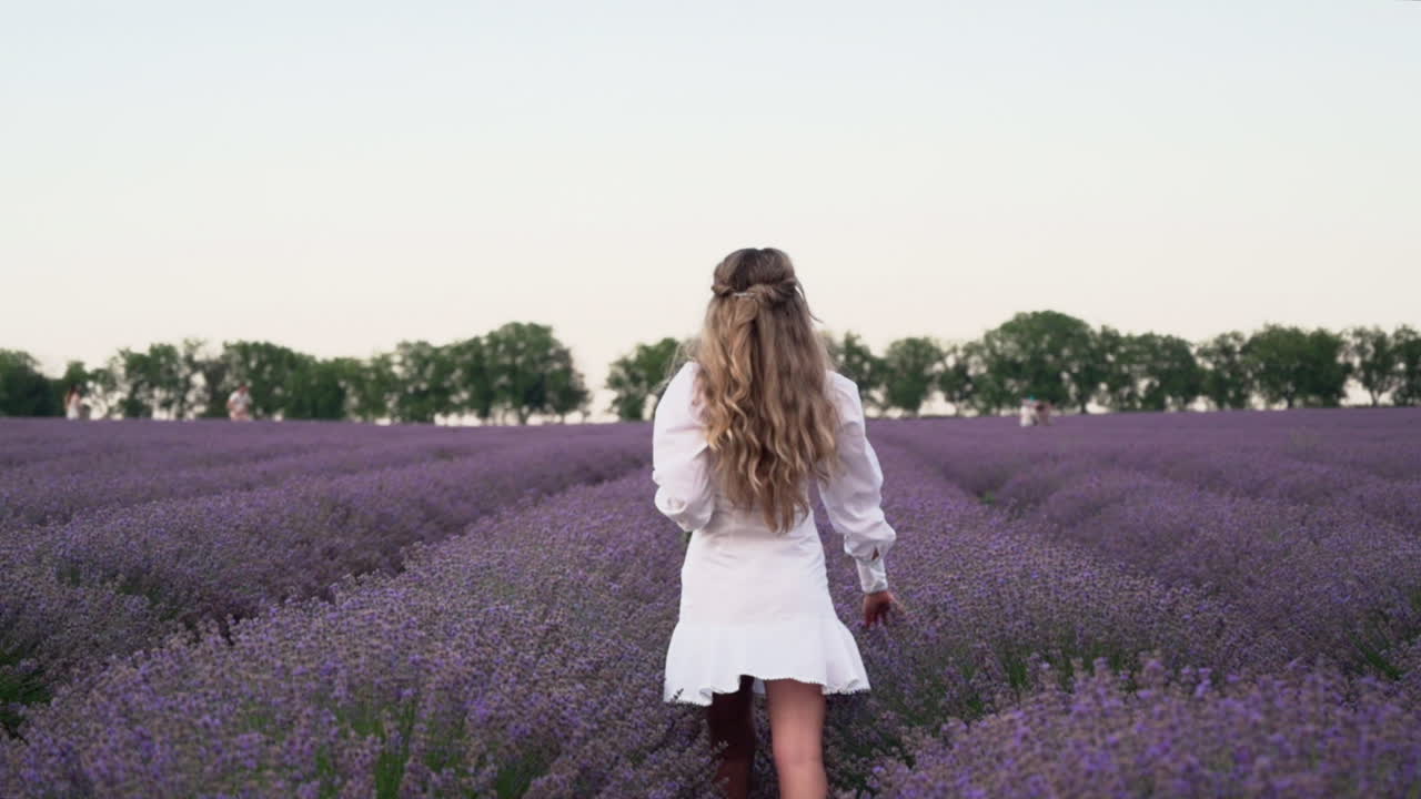 Donna con un vestito bianco che cammina in un campo di lavanda
