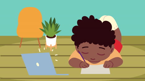 niño afro estudiante escribiendo en el papel