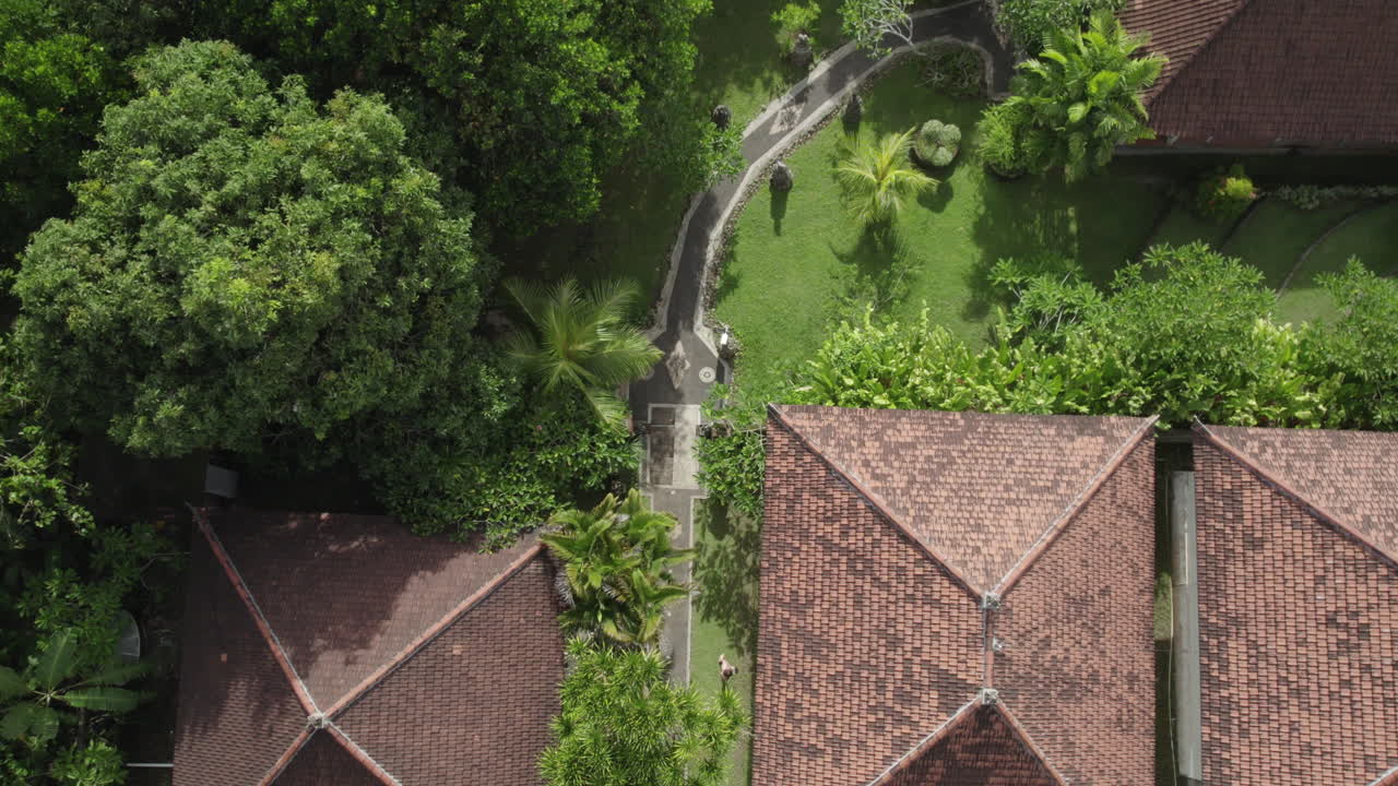 vista de arriba hacia abajo de drones de un resort de lujo con villas y palmeras en bali