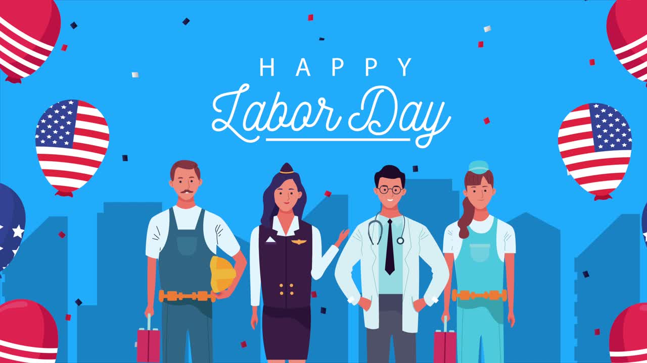 미국 국기와 풍선, 헬, 노동자의 축하 노동의 날