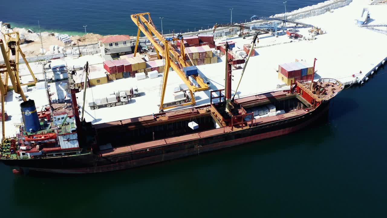Aerial view of the transport ship in the port