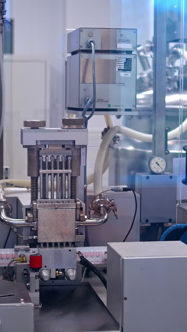 Process of production pills. Pharmaceutical worker operates packaging machine. Vertical video