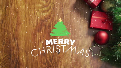 animación de las estaciones navideñas saludos con nieve cayendo sobre las decoraciones navideñas