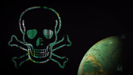 animated virus skull symbol next to a globe through which the virus spreads worldwide