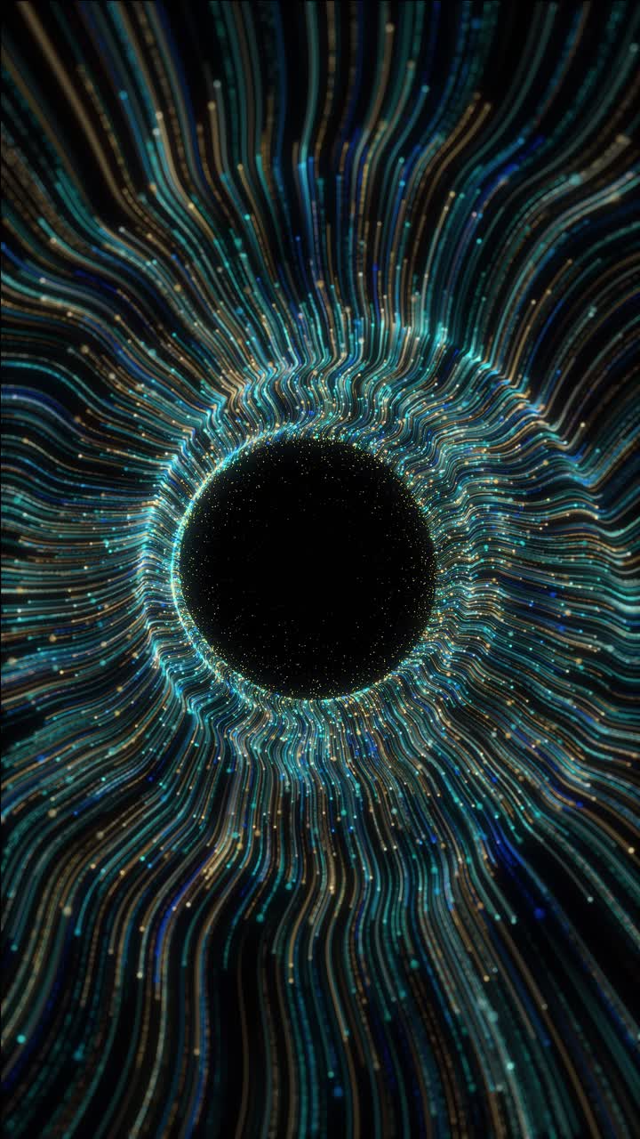 Dynamic animation of multiple colored light flares moving out from dark center forming futuristic
