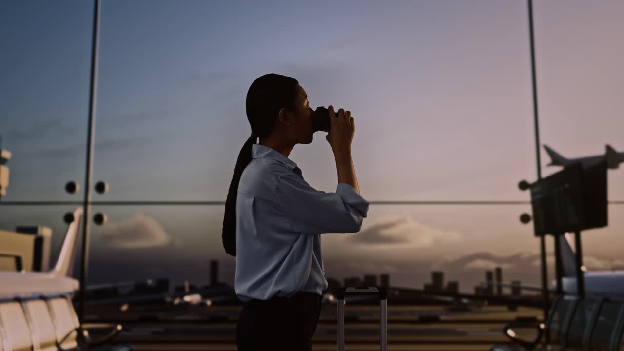 mujer de negocios bebiendo café en el aeropuerto