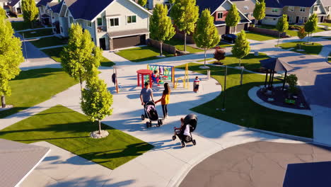 aerial view of a vibrant suburban neighborhood with a park and families
