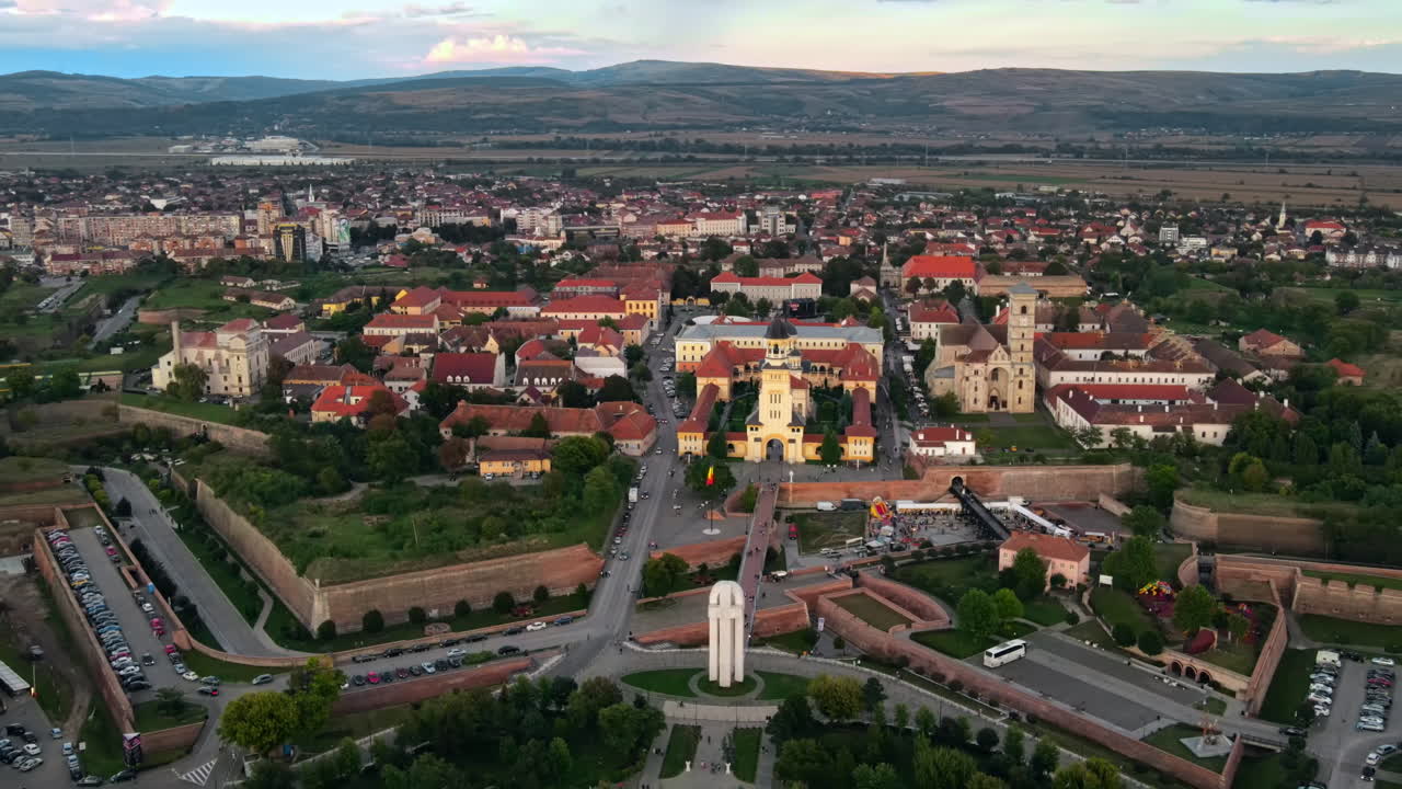 Aerial drone view of Alba Carolina Citadel in Alba-Iulia, Romania. Cityscape, multiple buildings