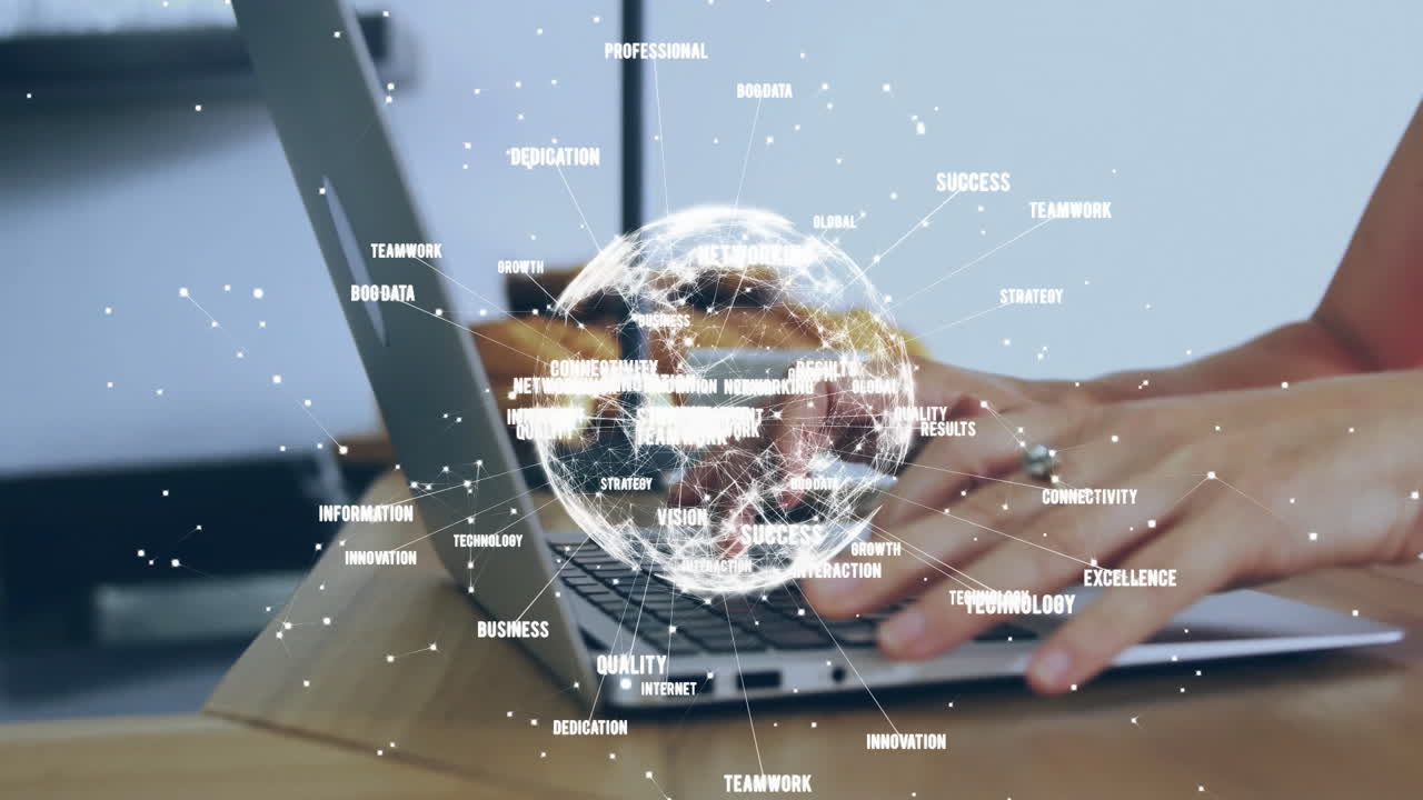 animación de la red de conexiones y el globo sobre mujer biracial usando portátil