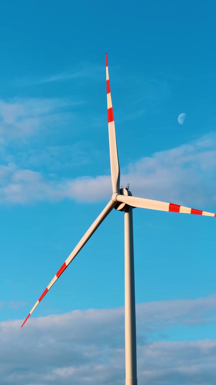 Elica bianca di turbina eolica contro un cielo azzurro limpido con la luna. Vista dal basso delle pale moderne del generatore con punte a strisce sotto uno sfondo diurno.