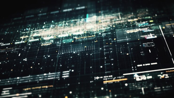 Advance data matrix, telemetry and encrypt numbers simulation user interface display in cyber space abstract de-focus environment background