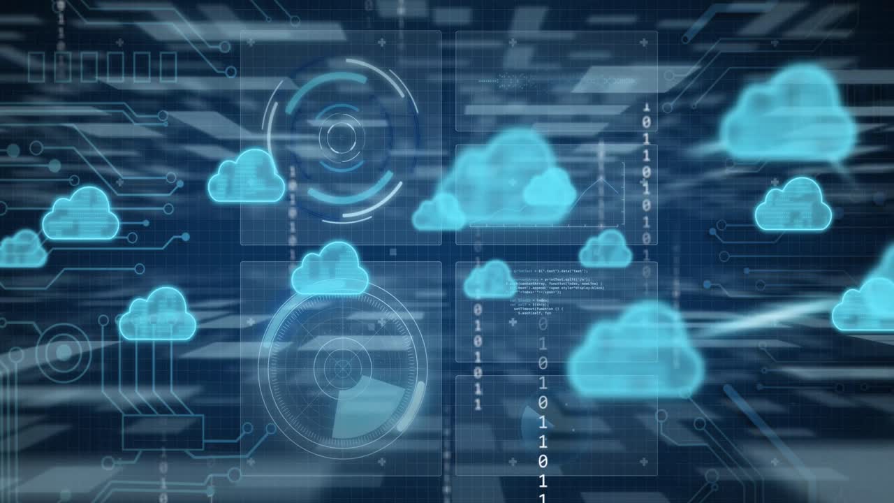 animación de nubes y procesamiento de datos en pantallas.