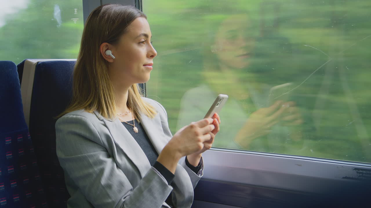 mujer de negocios con auriculares inalámbricos viajando a trabajar en el tren mirando el teléfono móvil