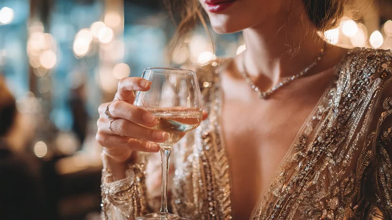 Elegant woman enjoying a drink in a luxurious setting at night