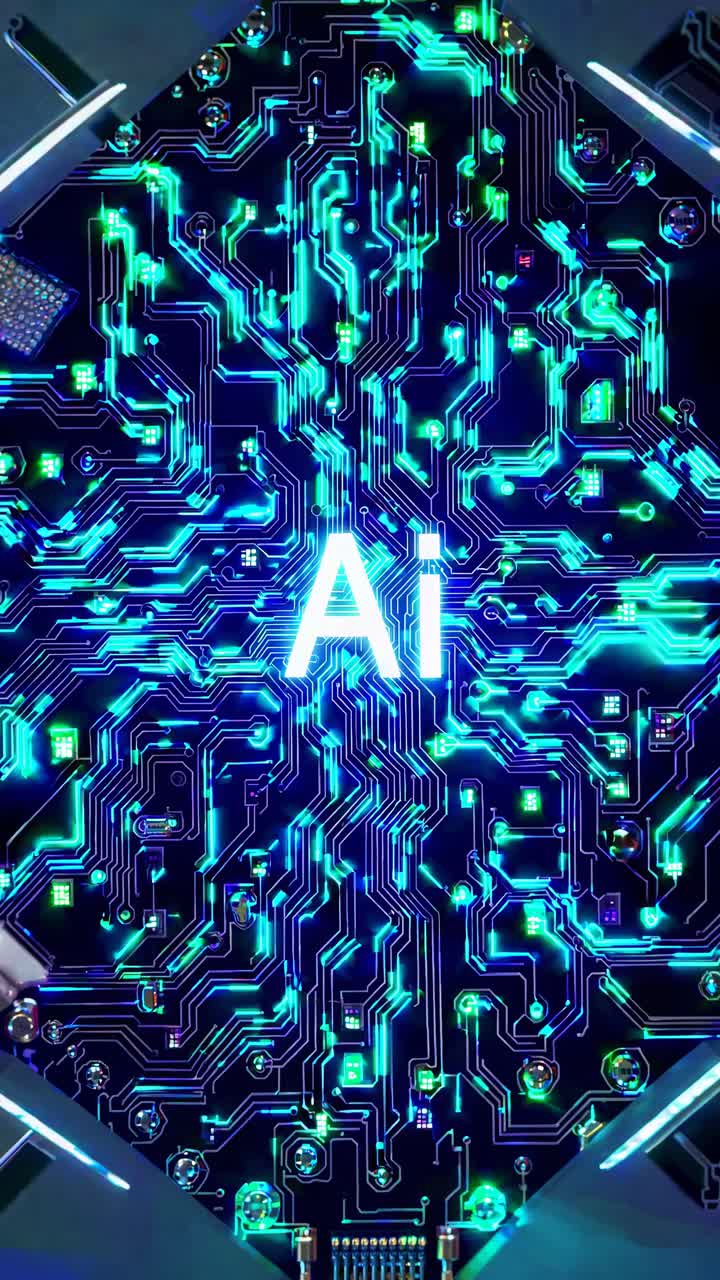 Top-down view of a glowing circuit board with 'AI' text, showcasing a futuristic tech concept