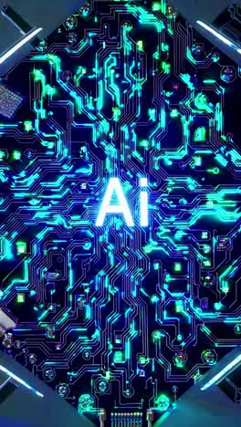 top-down view of a glowing circuit board with 'ai' text, showcasing a futuristic tech concept