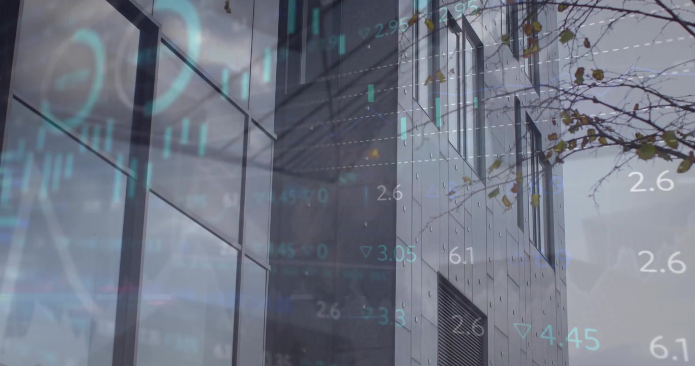 Video merges finance data animation with a grey office building, underlining global economy themes.