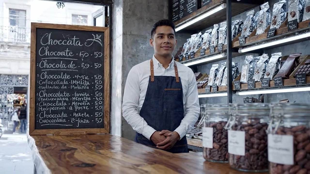 Chocolatería con productos artesanales: Un empleado amable en una chocolatería gourmet exhibiendo varios tipos de chocolate a la venta en un ambiente acogedor.