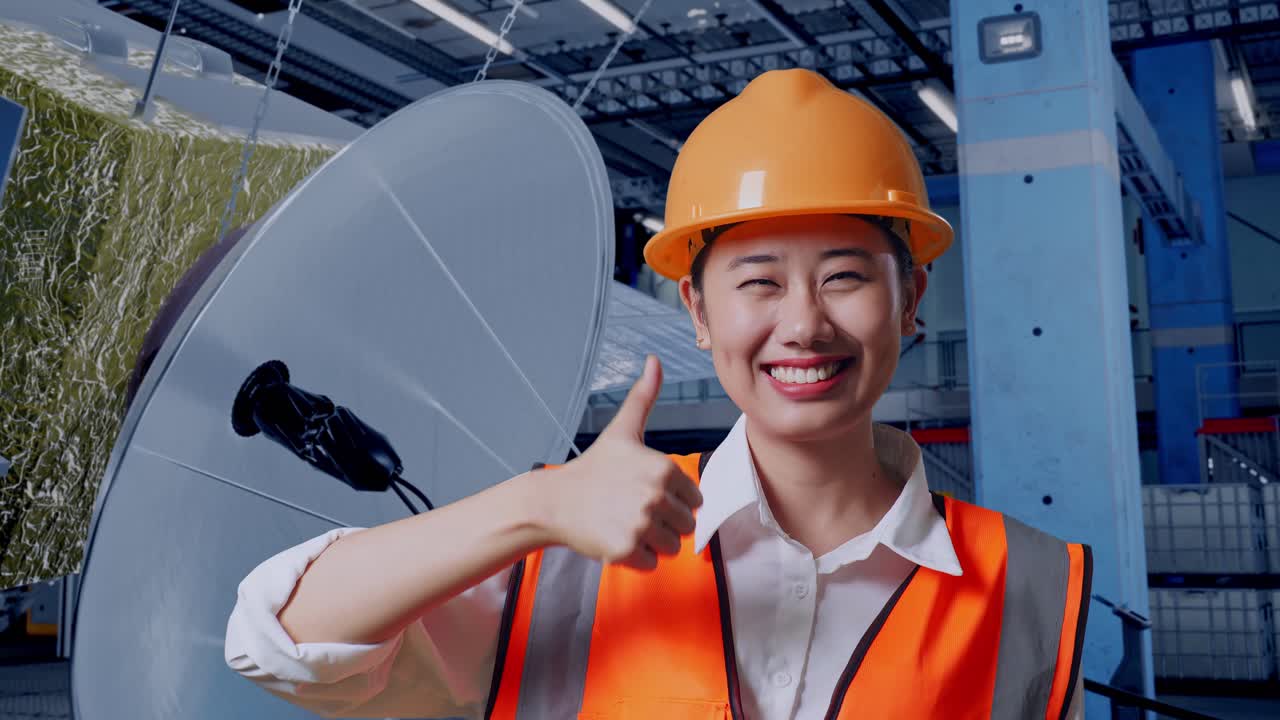 공장의 엔지니어가 엄지손가락을 들어 올립니다.