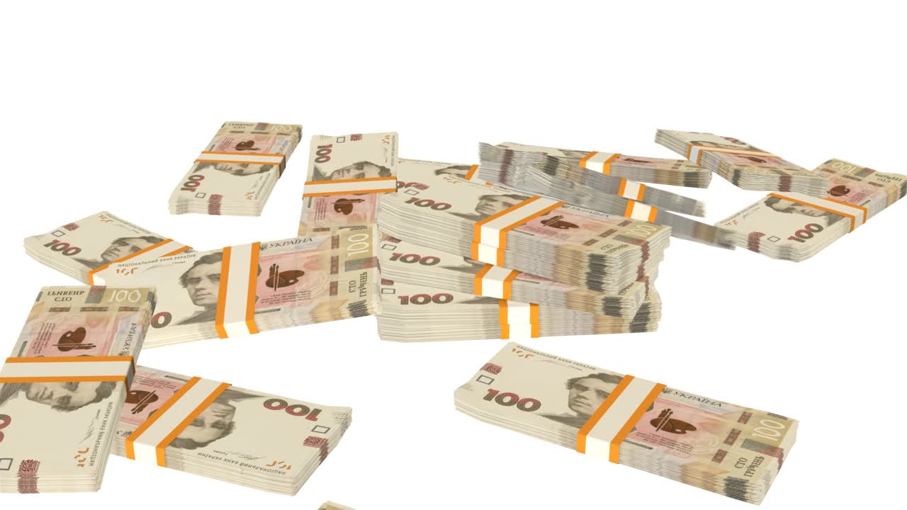 탁자 위에 떨어지는 많은 돈 어리, 100 우크라이나 그리브니아 지폐, 돈 더미.