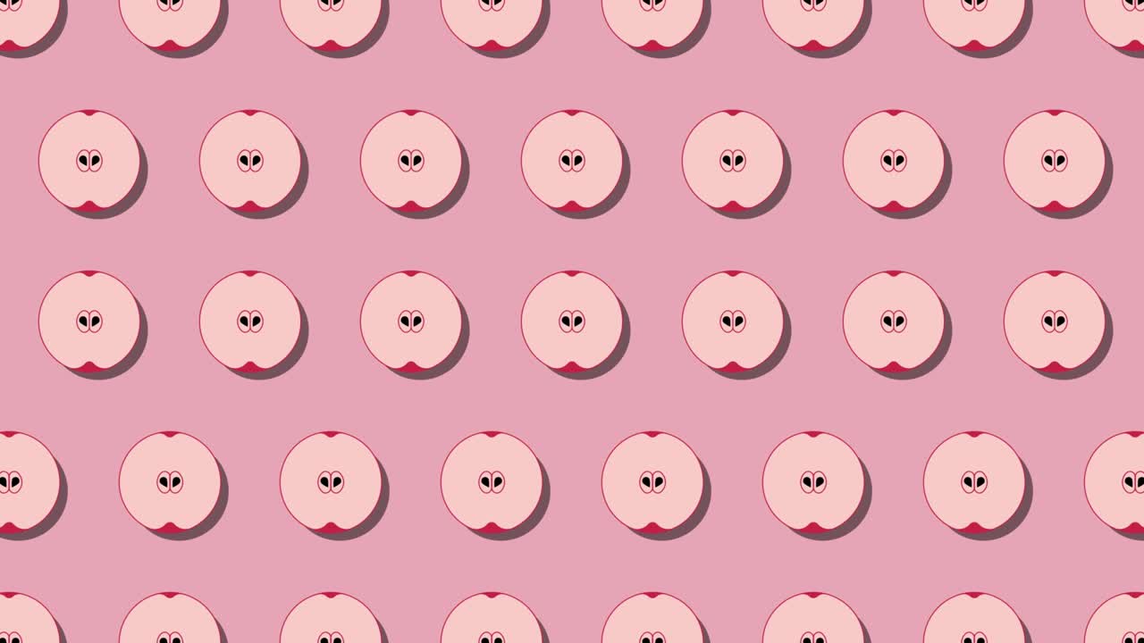 Pattern of animated round fruit symbols of Red Apple on a pink background. Seamless loop food animation with simple stylish repeated elements