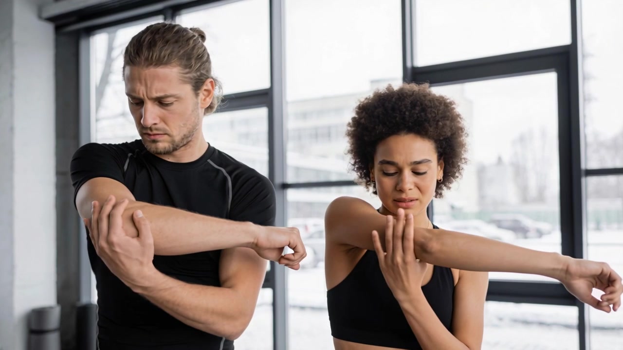 Beginnend met het strekken van de rechterarmen, houdt het duo elkaars ellebogen vast en verdiept de rek in de sportschool, in sportkleding.