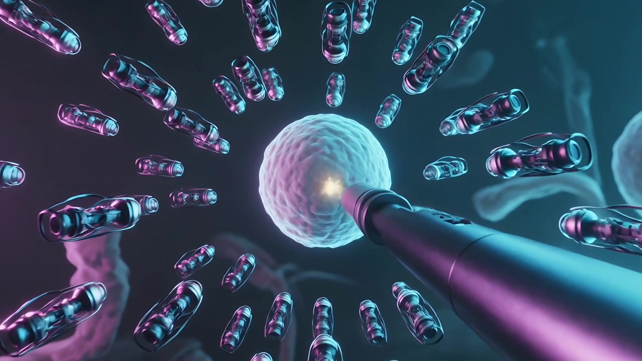 Sonda tubolare che esplora la cellula centrale con capsule radiali nella matrice, generando scintille luminose.